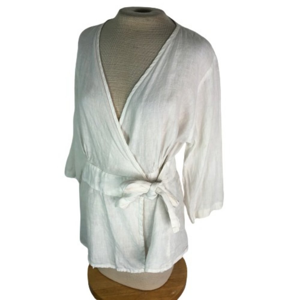 FLAX Linen Wrap Top Shirt Blouse White Medium